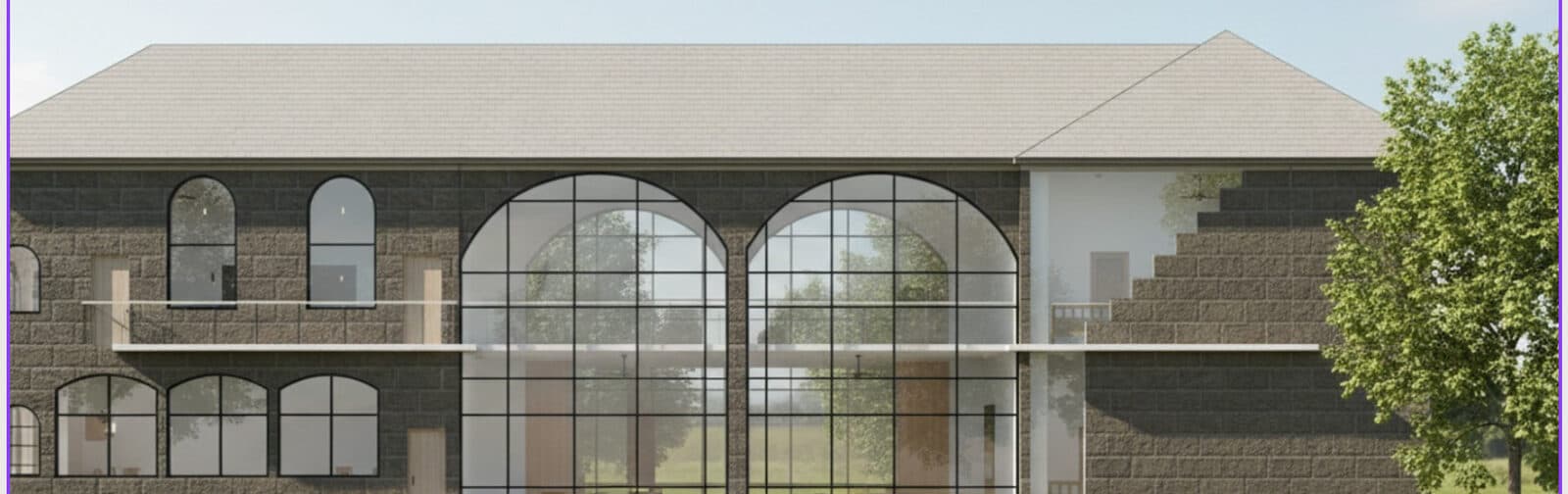 04 · North elevation — stone and arched glass